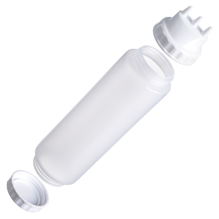 Емкость для соуса 1000 мл. d=75 мм. h=290 мм. c 2 крышками 3 носика, широкая прозрачная, крышки белые GP /1/96/